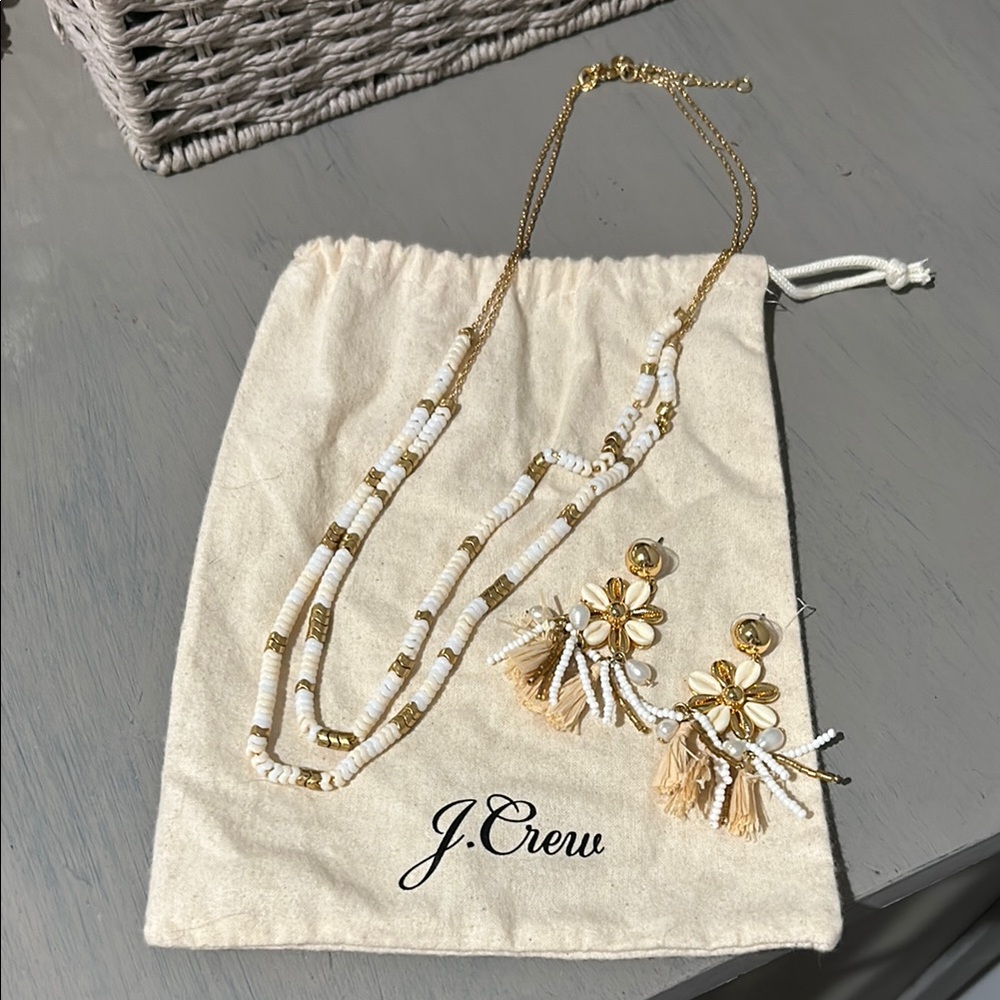 J. Crew Gold and Cream Beaded Necklace and Earring Set